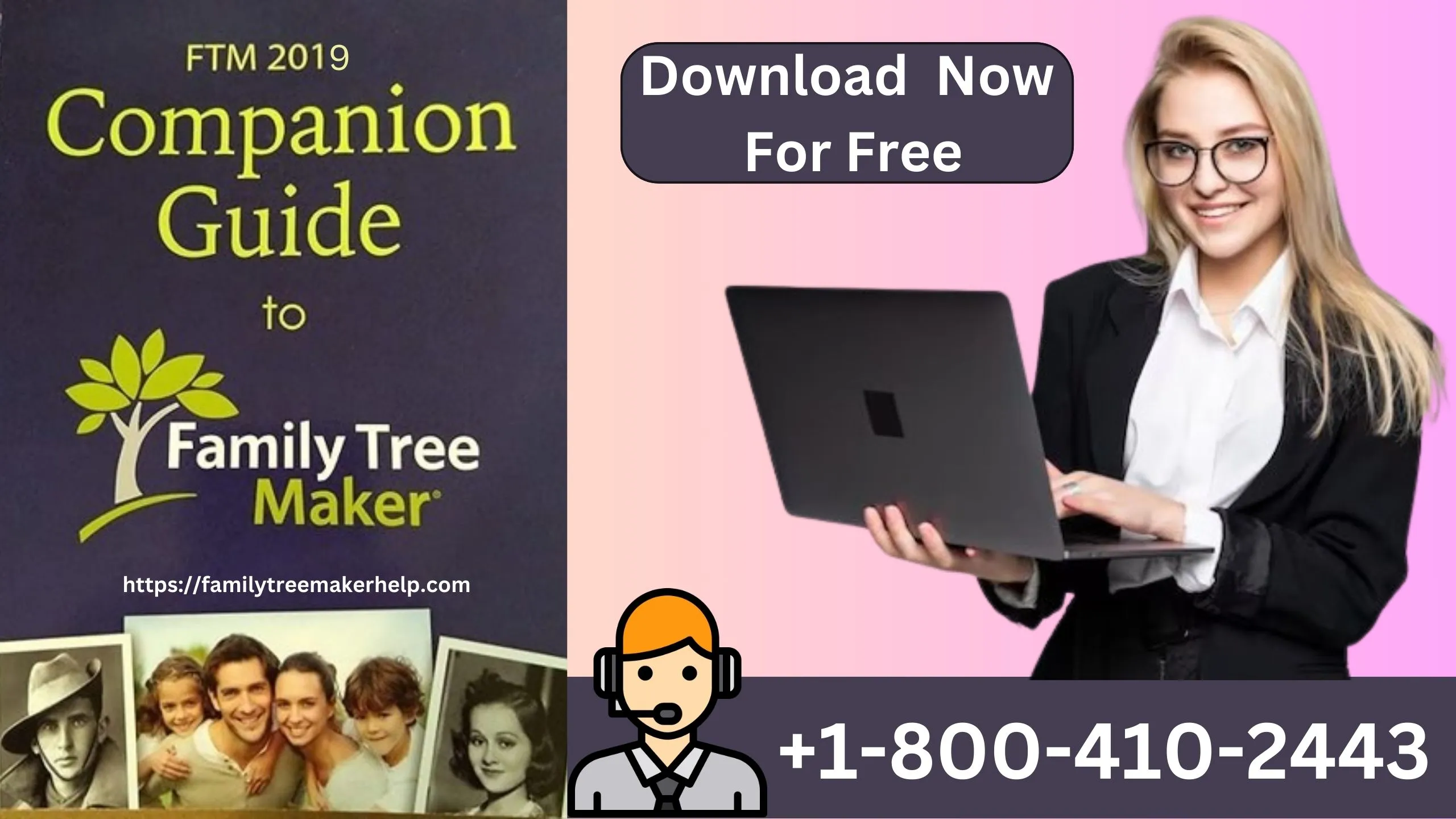 a picture of girl with laptop and family tree maker companion guide status