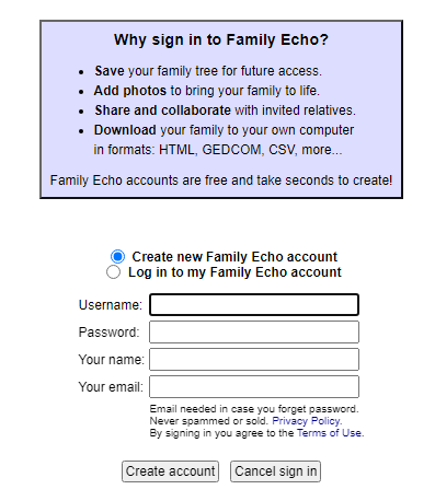 creating account on family echo